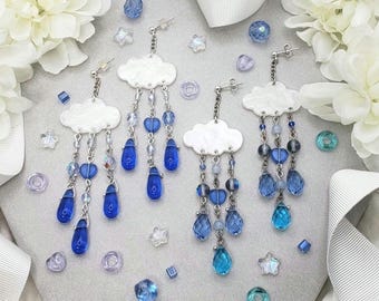 Long hand made blue rain cloud chain drop earrings