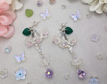 Small Spring flowers bunch earrings with butterfly
