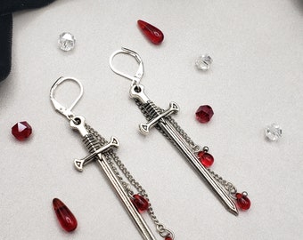 Small hand made Gothic sword blood drop earrings