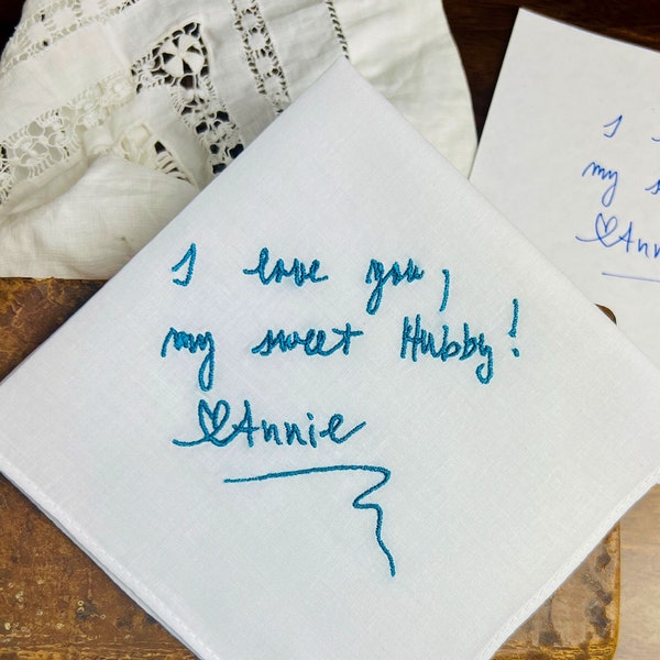 Handwritten custom keepsake handkerchief, message memento personalized hankie for her him bridal mom wedding signature embroidery