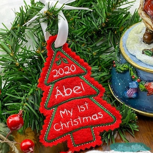 Personalized 1st Christmas ornament for new baby, winter holiday tree decor name embroidery, baby’s first X-mas embroidered ornament