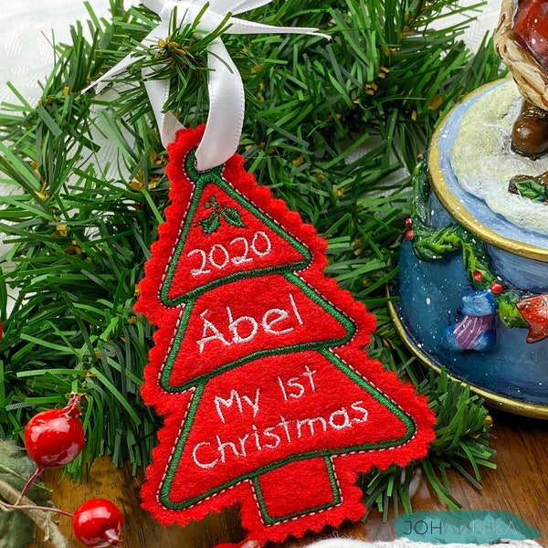 Personalized 1st Christmas ornament for new baby, winter holiday tree decor name embroidery, baby’s first X-mas embroidered ornament