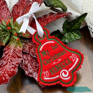Personalized 1st Christmas bell ornament for new baby, winter holiday tree decor name embroidery, baby’s first X-mas embroidered ornament