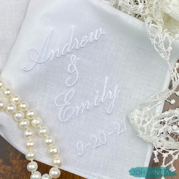 Embroidered wedding keepsake handkerchief for bride, bridal shower memento gift, message handkerchief accessory, happy tears hankie