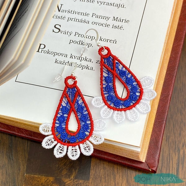 Slovak Czech lace earrings, handmade Slovakia folk gift jewelry, Richelieu lace earrings, red white blue Slovensko tricolor lace jewelry art