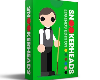 May include: Green box with the words "Snookerheads Legends Edition" and a cartoon illustration of a snooker player holding a cue stick.