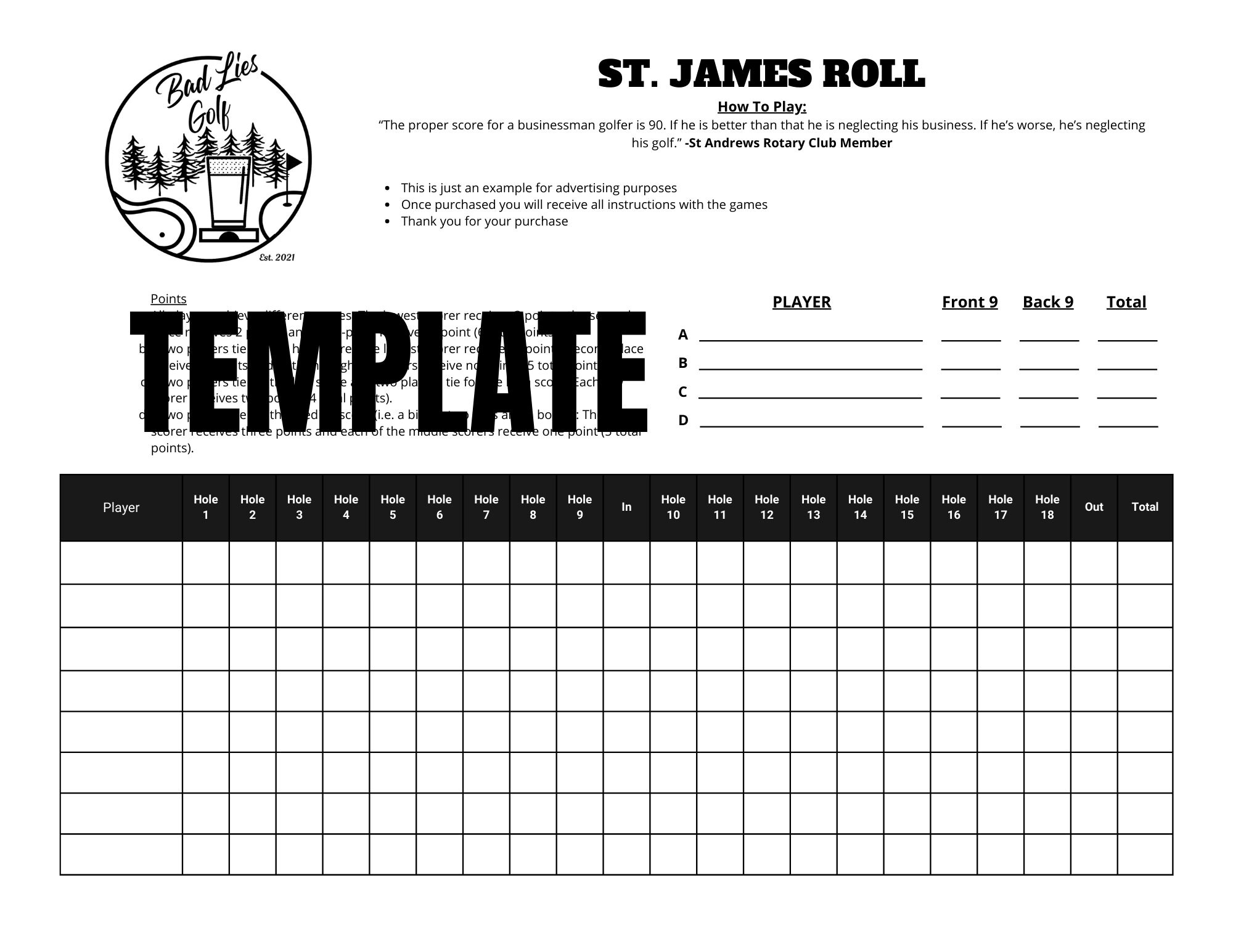 Golf Game Templates Vegas, St. James Roll, and Bingo, Bango, Bongo - Etsy