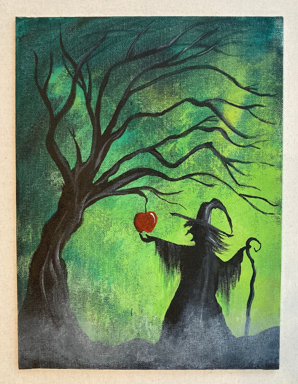 9 by 12 Acrylic Painting of a Witch Picking an Enchanted Apple in the
