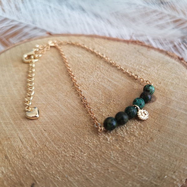Kelly - Bracelet chaîne fine perles pierre fine semi précieuse Turquoise africaine verte doré à l'or fin lithothérapie minimaliste