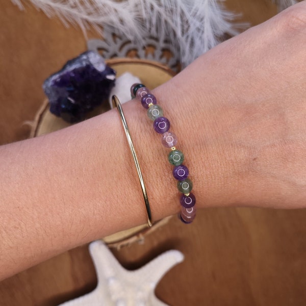 MEMPHIS - Bracelet elastique en perles de pierre naturelle Quartz multicolore et perles Miyuki duracoat doré or