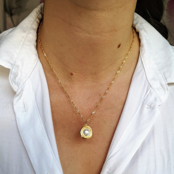 NACRE - Collier sautoir chaîne fine pendentif perle blanche doré à l'or fin