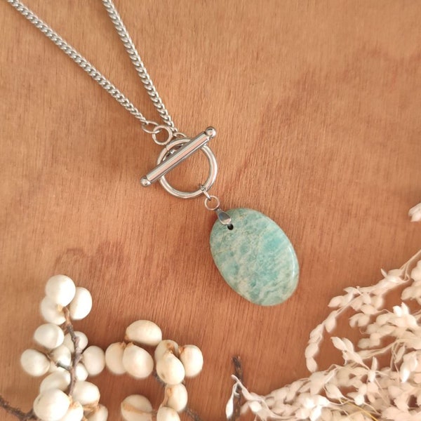 PANAMA - Collier sautoir Amazonite - Gemme pierre fine naturelle semi précieuse pendentif chaine acier inoxydable argenté