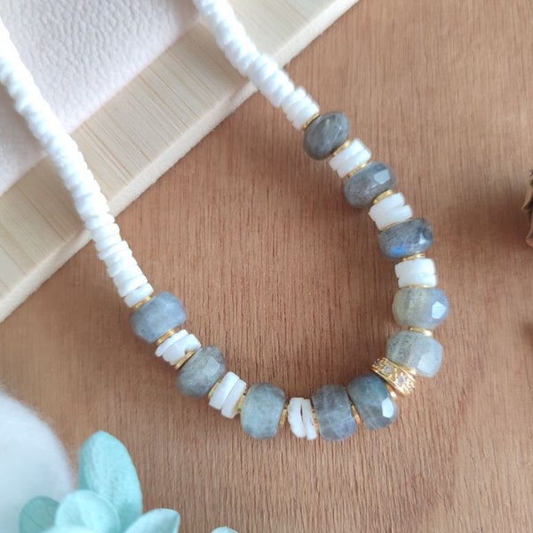 ROMA - Collier sautoir en perles gemmes naturelles pierres fines semi précieuses rondelle heishi Labradorite et coquillage