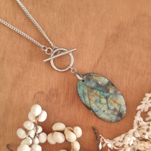 PANAMA - Collier sautoir Labradorite - Gemme pierre fine naturelle semi précieuse pendentif chaine acier inoxydable argenté