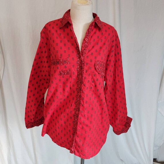 Vintage 70s Western Red Printed 100% Cotton Butto… - image 3