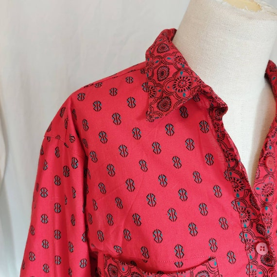 Vintage 70s Western Red Printed 100% Cotton Butto… - image 6