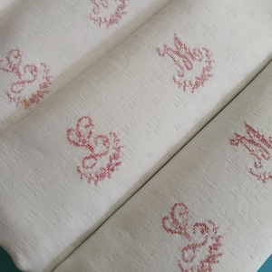 A set of four antique French large pure linen damask napkins with hand embroidered initials LM.  Heirloom linen, late 19th / early 20thC