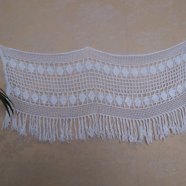 A vintage French valance curtain / dresser scarf / shelf dressing.   Beautifully hand-crocheted in filet-lace style, with tassels. Mid 20thC
