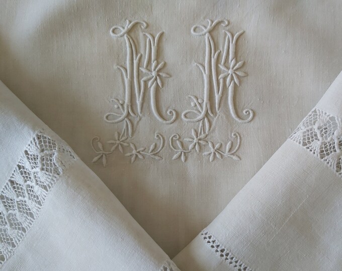 One Left Antique French Pure Linen Sheet With Hand Embroidered