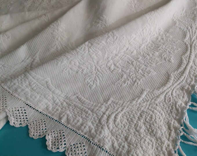 A Vintage French Marcella White Cotton Bedspread or Throw. Beautiful