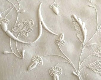 Huge monogram on this antique French trousseau sheet in pure linen - hand embroidered monogram CL, drawn threadwork top border + return