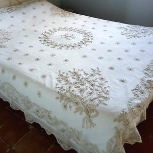 An antique French bedspread hand embroidered with appliqué and cord lace on tulle.  Late 19th / early 20th C.   Superb antique condition.