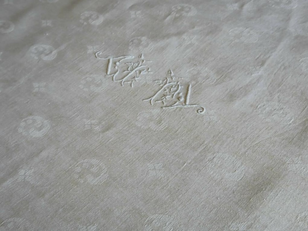 An Antique French Pure Linen Oatmeal Damask Tablecloth With Hand ...