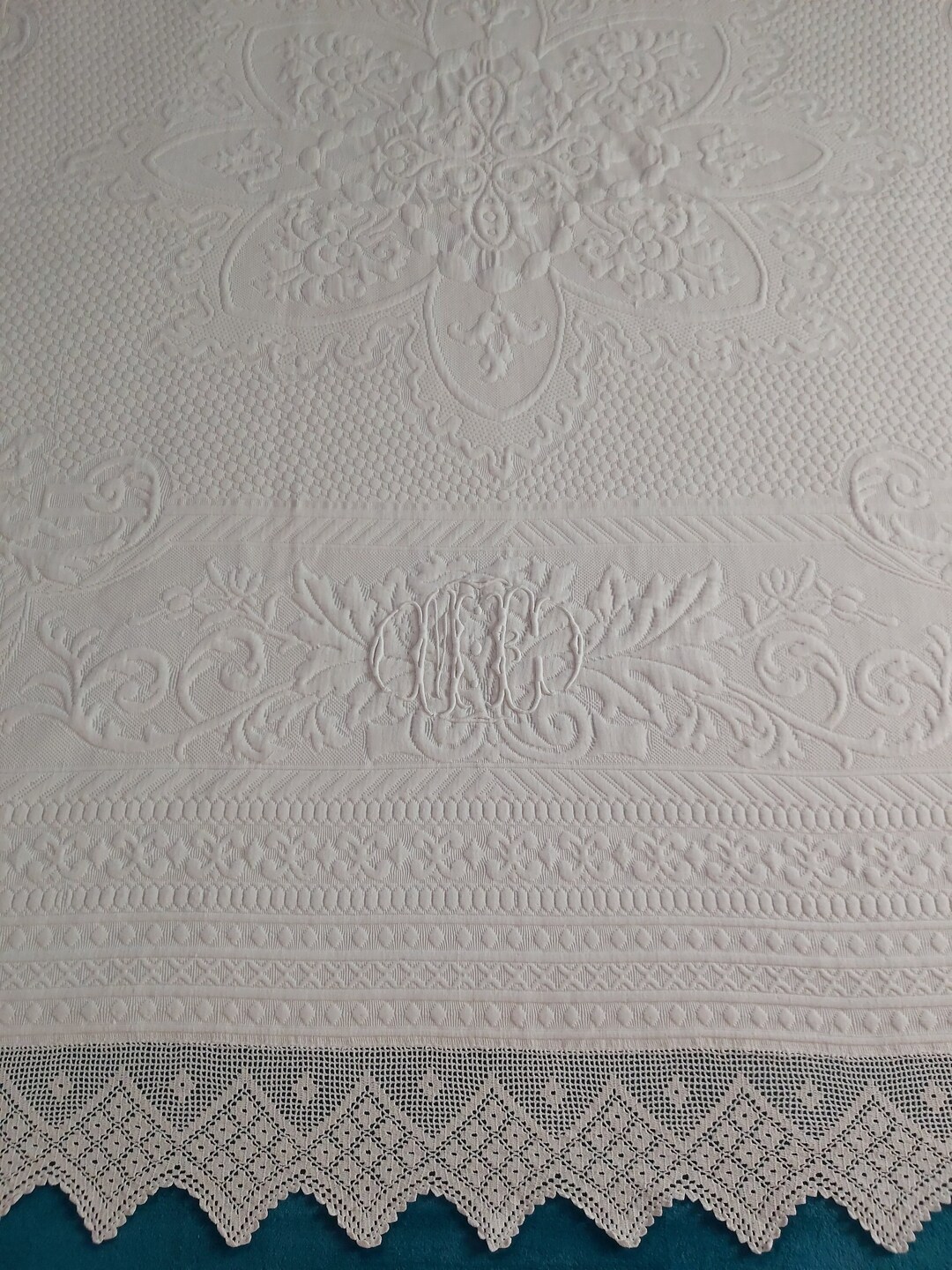 An Antique French Marcella White Cotton Bedspread. Provençal
