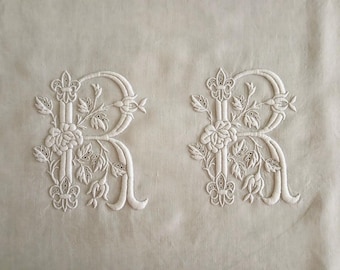 A wide antique French pure linen hand embroidered trousseau sheet with stunning monogram RR, drawn threadwork and scallop edged border.
