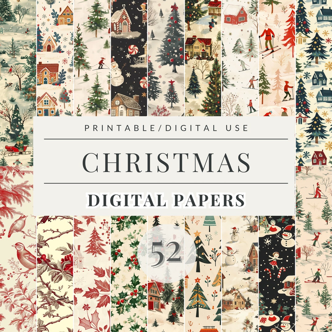 Printable Vintage Christmas Digital Paper, Vintage Holiday Clipart ...
