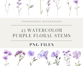 May include: A set of 25 watercolor purple floral stems with transparent backgrounds. The stems are in various styles, including lavender, wildflowers, and other delicate blooms.