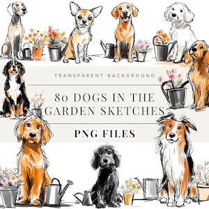 Hund Clipart Bundle, Frühling Garten Hund Welpe Clipart, Aquarell Gartenhunde, süße Hunderasse Illustration, Haustiere Clipart DIY, kommerzielle Nutzung