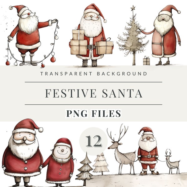 Whimsical Santa Clipart, Jolly Santa Graphics for Christmas Crafts and Decor, Watercolor PNG Bundle, Sublimation files, Printable Holiday