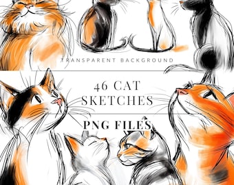 Cat Clipart Sketches Collection, Watercolor Cat Graphics Illustrations, Whimsical Cat Art, Digital Download, Commercial Use