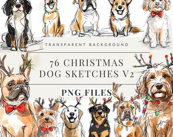 May include: A set of 76 digital illustrations of dogs wearing Christmas lights and reindeer antlers. The illustrations are in a hand-drawn style and are perfect for use in digital scrapbooking, card making, and other creative projects.