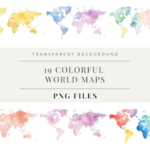 Imágenes prediseñadas de mapa del mundo en acuarela, silueta de mapa del mundo con arco iris, invitaciones de boda, archivos PNG de mapa del mundo en colores pastel, imágenes prediseñadas de viajes, uso comercial