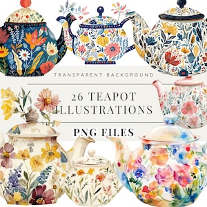 Puede incluir: Un conjunto de 26 ilustraciones de acuarela de teteras con motivos florales. Las teteras son de varios colores, incluyendo azul, amarillo, rosa y verde. Las ilustraciones están sobre un fondo transparente y son perfectas para el scrapbooking digital, la creación de tarjetas y otros proyectos creativos.
