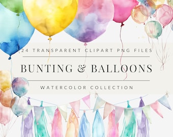 Watercolor Balloons Clipart Bundle Watercolor Bunting Clipart Birthday Clipart Transparent Background Digital Download PNG Commercial Use