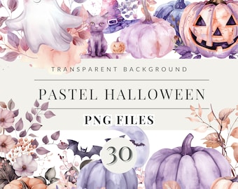 Set di pacchetti clipart di Halloween pastello, clipart di Halloween ad acquerello, decorazione di Halloween, grafica della stagione spettrale, PNG pastello carino di Halloween.