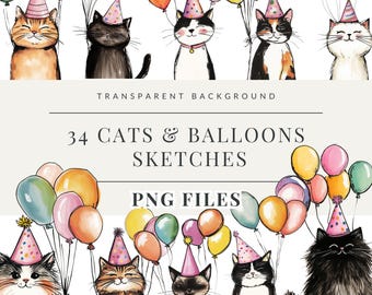 May include: A set of 34 digital illustrations of cats wearing party hats and holding balloons. The illustrations are in a watercolor style and have a transparent background. The text "34 Cats & Balloons Sketches PNG Files" is included in the image.