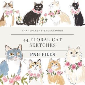 May include: A set of 44 digital illustrations of cats wearing floral wreaths. The cats are drawn in a simple, whimsical style with watercolor-like textures. The illustrations are perfect for adding a touch of charm to your digital projects.