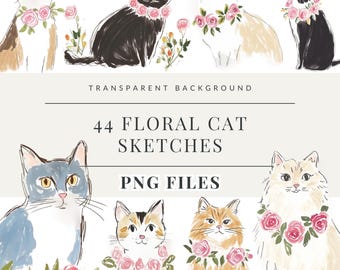 May include: A set of 44 digital illustrations of cats wearing floral wreaths. The cats are drawn in a simple, whimsical style with watercolor-like textures. The illustrations are perfect for adding a touch of charm to your digital projects.