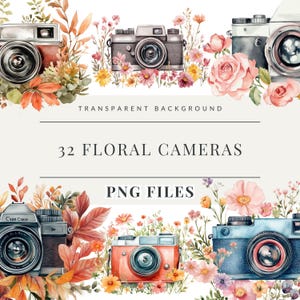 Aquarell Kamera Clipart, Floral Kamera PNG, Kameras mit Blumen Clipart transparenten Hintergrund digitaler Download PNG kommerzielle Nutzung
