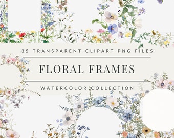 Akwarela Wildflower Borders Clipart Bundle Floral Frame Wedding Clipart Przezroczyste Tło Pobieranie Cyfrowe PNG Użytek Komercyjny