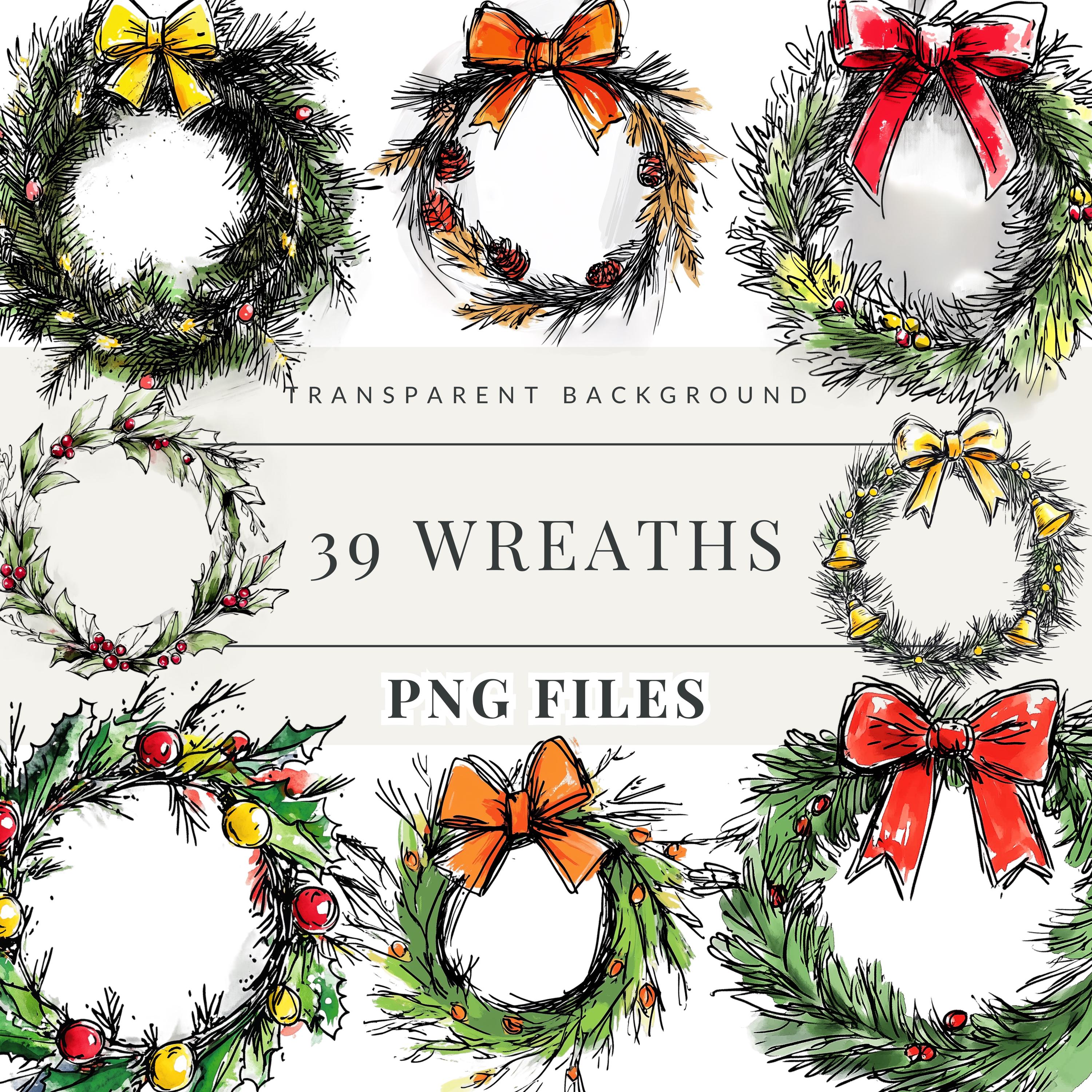 クリスマスリースのスケッチ クリップアート、ペイントされたリースのクリップアート、クリスマスのイラスト、PNG グラフィックス SVG  画像、商用利用のための即時ダウンロード - Etsy 日本, image size:3000x3000