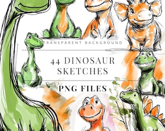 Dinosaur Sketches, Watercolor Dinosaurs Clipart Bundle, Jurassic Dino Clipart, Prehistoric Illustrations, Transparent PNG Commercial Use