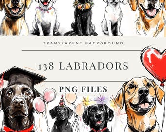 May include: A collection of 138 Labrador Retriever dog illustrations in PNG format. The dogs are depicted in various poses and wearing different accessories, including a graduation cap, a party hat, a heart-shaped balloon, and sunglasses. The illustrations are set against a transparent background.