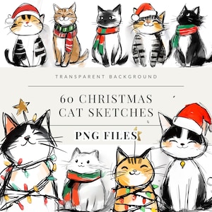 Kat clipartbundel, kerst kat kitten clipart, kat schetsen, schattige kat illustratie, huisdieren clipart, commercieel gebruikt, feestelijke kat png