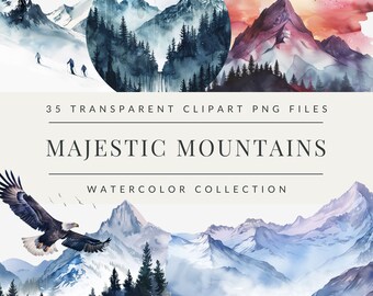 Watercolor Mountain Landscape Clipart, Mountain PNG, Mountain Range Art, Watercolor Art