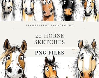 Pode incluir: Um conjunto de 20 esboços de cavalos desenhados à mão em preto e branco com acentos de aquarela. Os cavalos têm diferentes expressões e marcas. As imagens estão sobre um fundo transparente e são arquivos PNG.